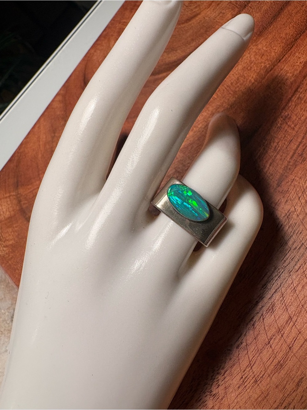 JS 925 Joseph Schmid Sterling Silver Square Ring with Blue-Green Opal Inlay